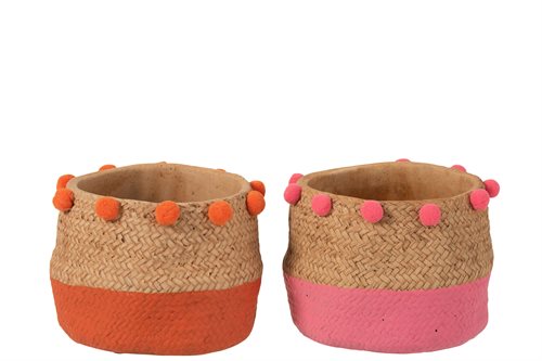 Blomsterkrukker i cement med pompom - 1 I Orange + 1 I Pink - Nedsat fra 199,-