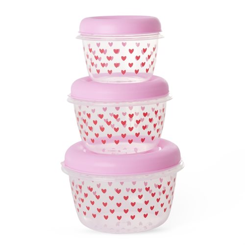 Rund Madopbevaring - Pink - Hearts Print - 3-sæt