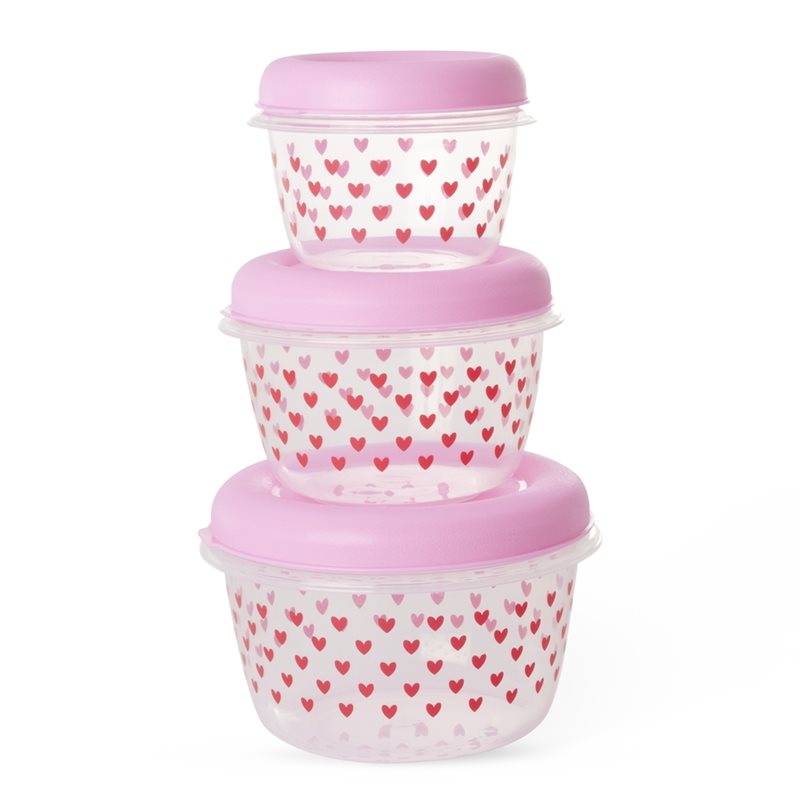 Rund Madopbevaring - Pink - Hearts Print - 3-sæt